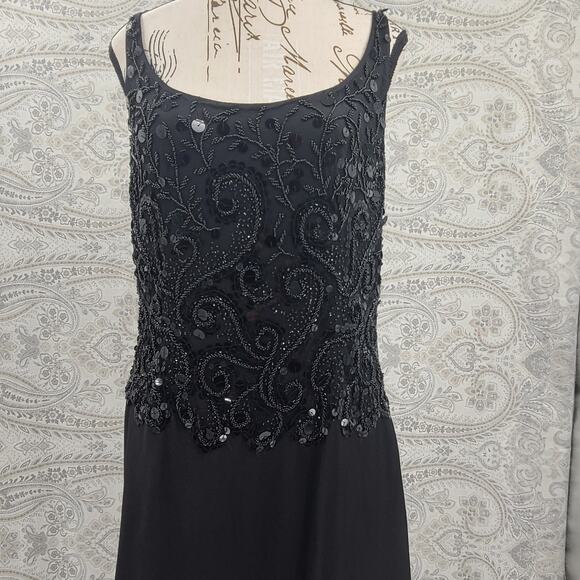 Carmen Marc valvo black beaded sequin silk trumpet gown black Sz 14 wedding - Picture 10 of 13